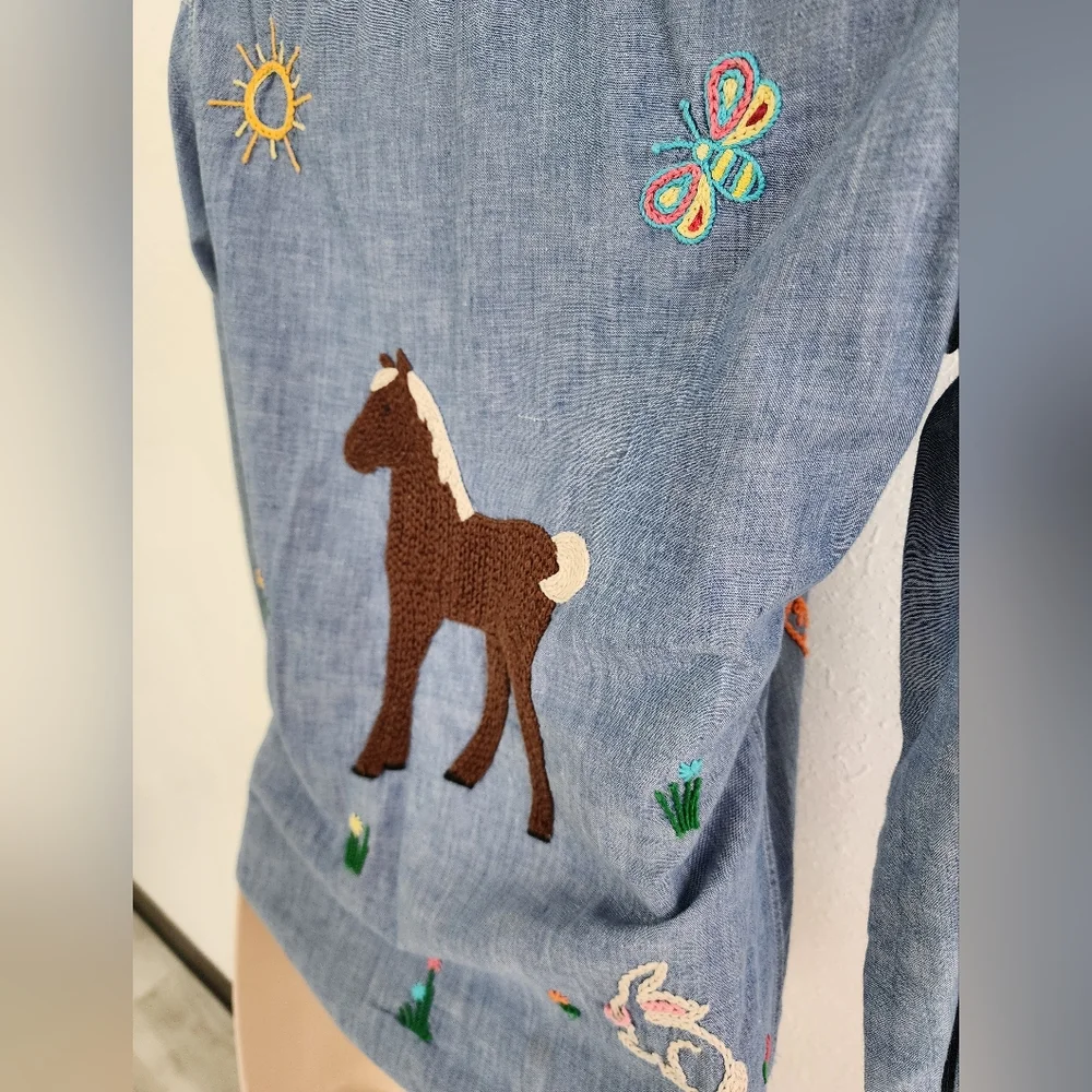 Vtg Montgomery Ward Embroidered Denim Shirt Colorful Western Aninmals Florals 12